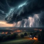 A dramatic scene of severe thunderstorms approaching Eastern Pennsylvania at night. The sky is dark and turbulent, filled with towering storm clouds illuminated by frequent lightning strikes. Sheets of rain fall heavily over a rural landscape dotted with small homes and swaying trees. The horizon glows faintly from distant city lights, highlighting the ominous nature of the approaching storm.