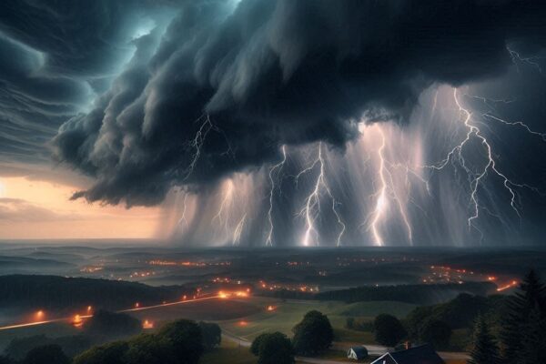 A dramatic scene of severe thunderstorms approaching Eastern Pennsylvania at night. The sky is dark and turbulent, filled with towering storm clouds illuminated by frequent lightning strikes. Sheets of rain fall heavily over a rural landscape dotted with small homes and swaying trees. The horizon glows faintly from distant city lights, highlighting the ominous nature of the approaching storm.