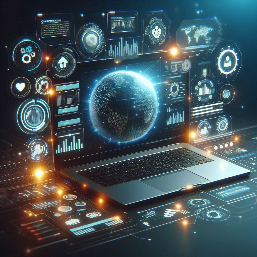 A dynamic online platform interface featuring trending tech topics, community forums, and a clean, user-friendly design on a glowing laptop screen.