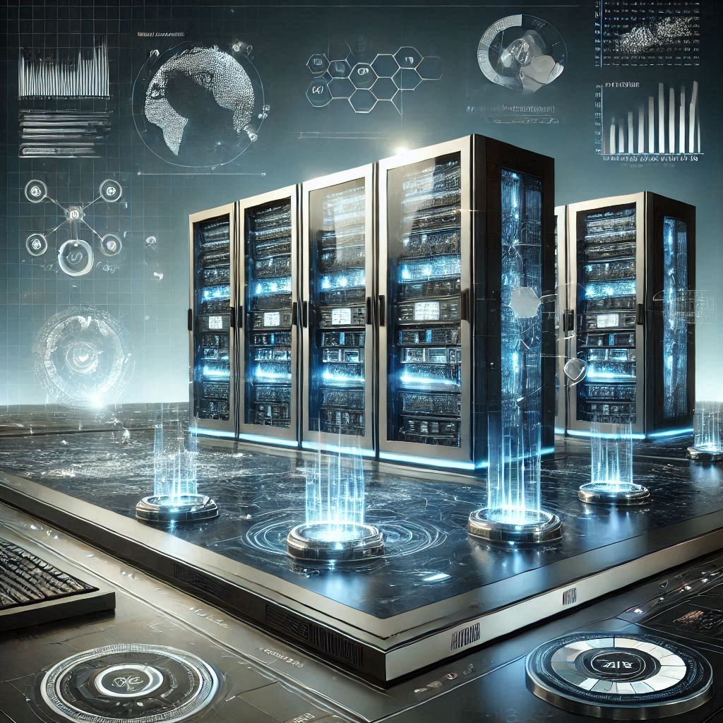 A futuristic technology hub with glowing servers, advanced computing systems, and a high-tech interface in a modern environment with blue and silver tones.