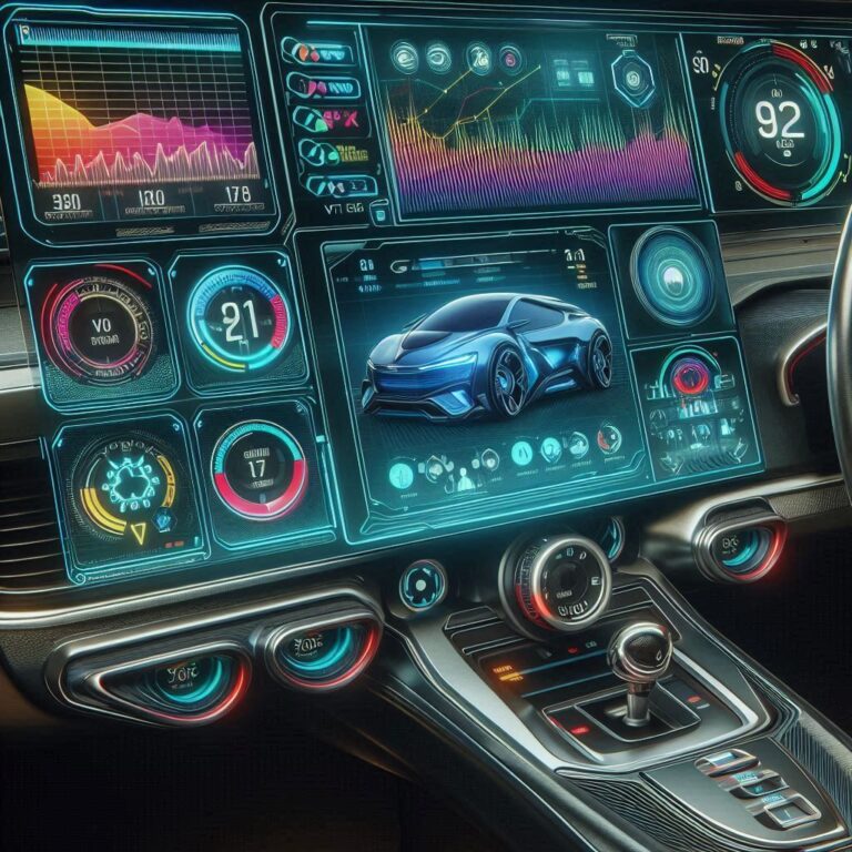 A sleek, futuristic digital dashboard interface of the Dekra VT1000. The screen showcases real-time vehicle diagnostics with detailed graphs, alerts, and system metrics in vibrant colors. The background subtly features a modern vehicle's interior, including visible components like the steering wheel and console.