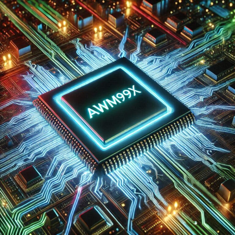 A vibrant digital landscape with interconnected circuits and glowing lines, featuring a central high-performance processor labeled 'Awm99x' glowing in bright neon.