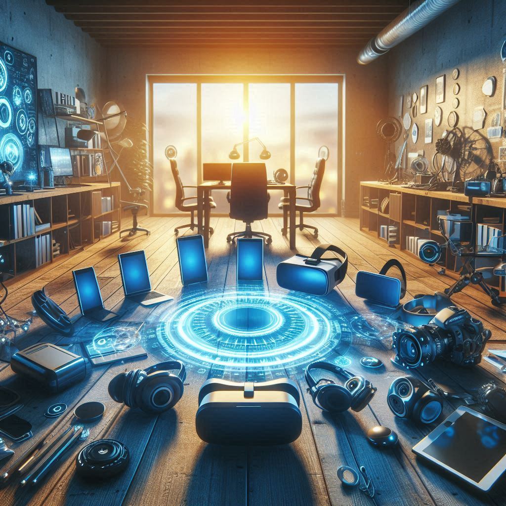 A well-lit room surrounded by gadgets, VR headsets, and digital tools, symbolizing collaboration and innovation.