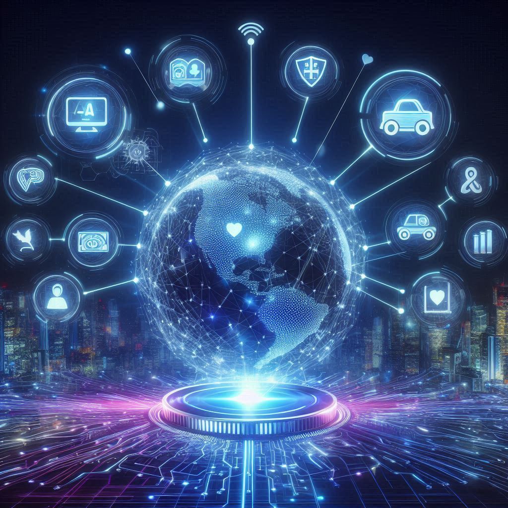 An advanced AI system displayed as a holographic globe surrounded by floating digital icons representing healthcare, autonomous vehicles, finance, and NLP. The AI’s neural network extends outward, connecting to people worldwide through light beams, symbolizing decentralized intelligence. The atmosphere is sleek, futuristic, and illuminated by neon blue and purple hues.