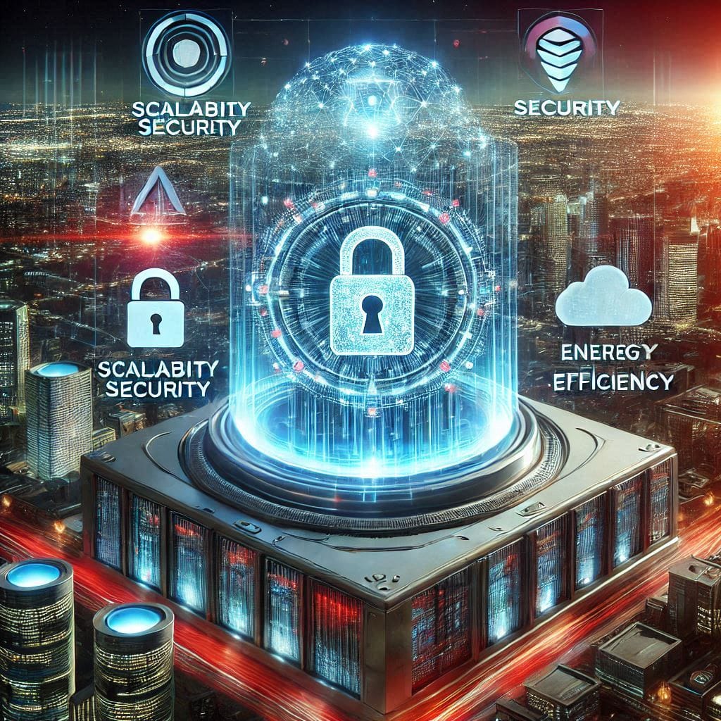 An AI-powered device with holographic data projections symbolizing scalability, security, and energy efficiency, set against a futuristic cityscape background.