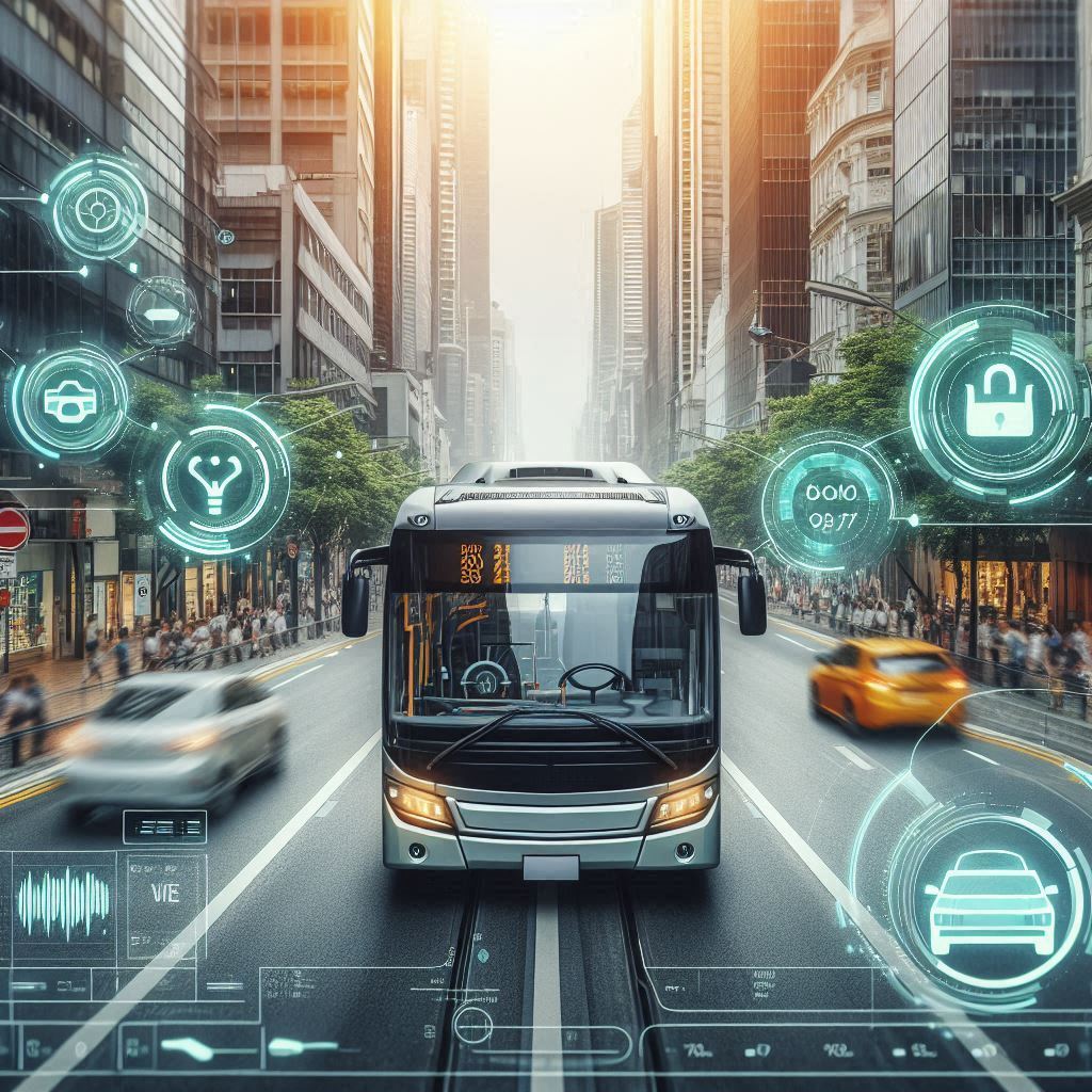 An urban bus navigating a bustling city street, featuring advanced safety features powered by the Dekra VT1000. Overlays display live diagnostic data for brakes, engine performance, and fuel efficiency, emphasizing real-time monitoring in a dynamic urban environment.