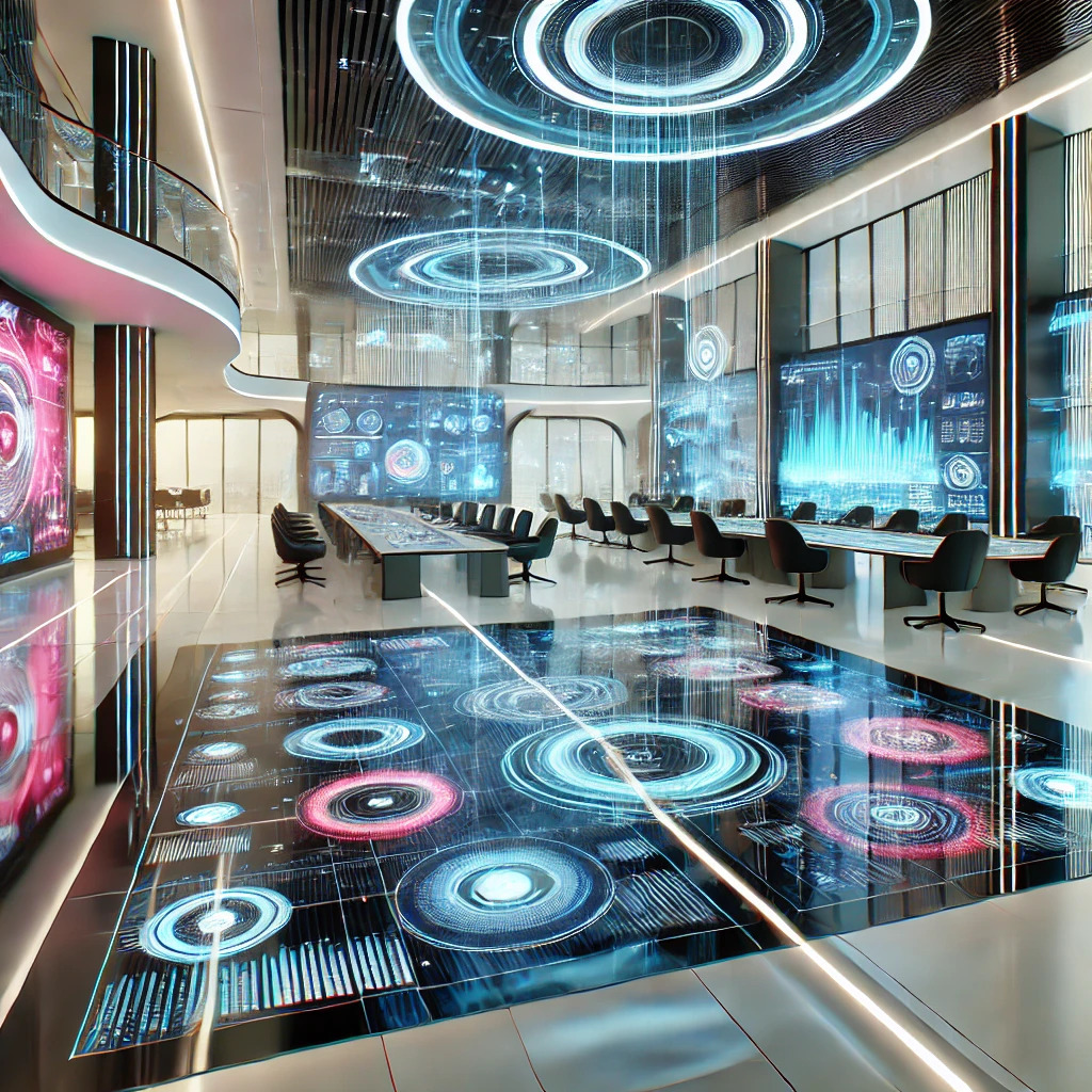 A futuristic technology hub with sleek holographic screens, interactive interfaces, and a modern high-tech workspace designed for innovation.