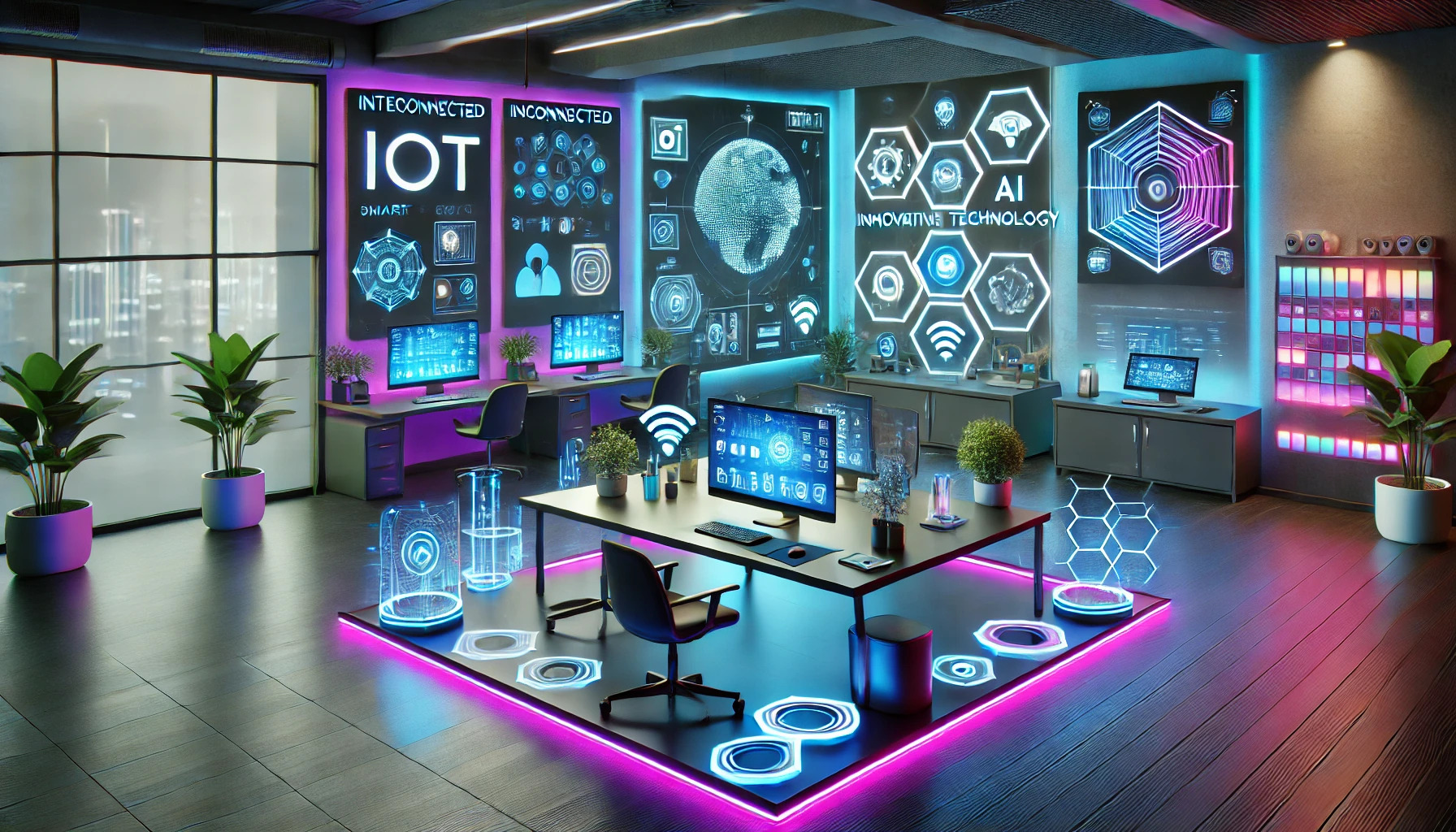 A futuristic workspace showcasing interconnected IoT devices and glowing AI interfaces, featuring sleek minimalist desks, advanced holographic displays, and vibrant neon lighting in blues and purples.