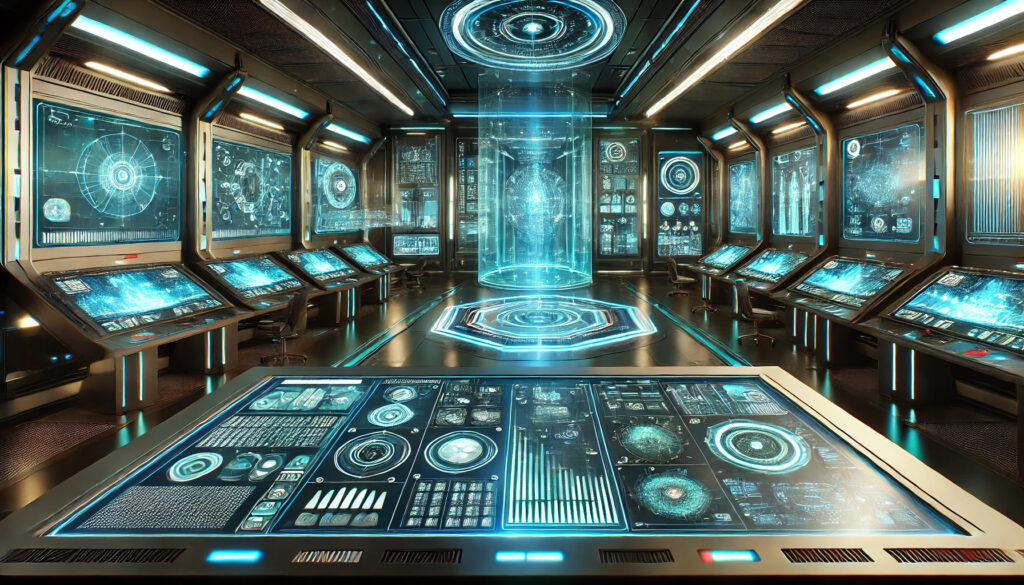 Futuristic control room with glowing digital interfaces and holographic displays.