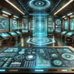 Futuristic control room with glowing digital interfaces and holographic displays.