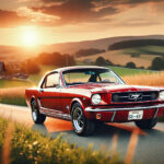 A classic Ford Mustang (1964-66) with a bright red exterior and chrome accents, parked on a scenic countryside road. Rolling green hills and a golden sunset sky create a picturesque background.