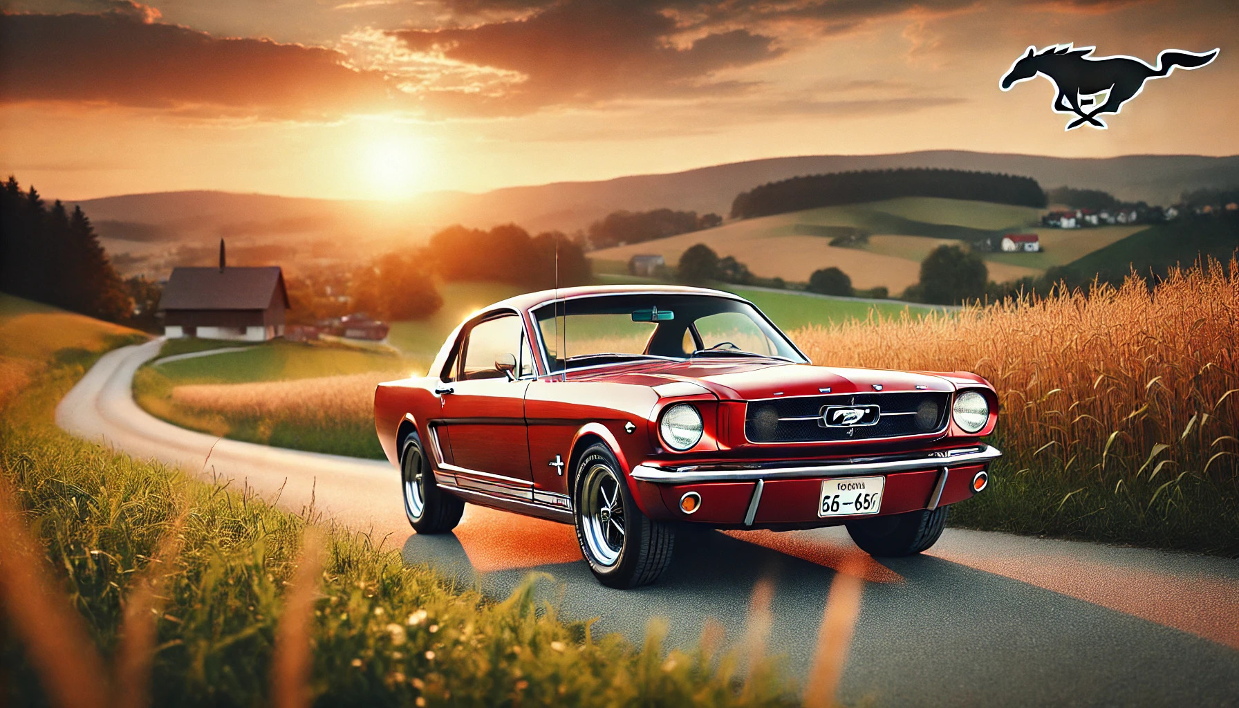 A classic Ford Mustang (1964-66) with a bright red exterior and chrome accents, parked on a scenic countryside road. Rolling green hills and a golden sunset sky create a picturesque background.