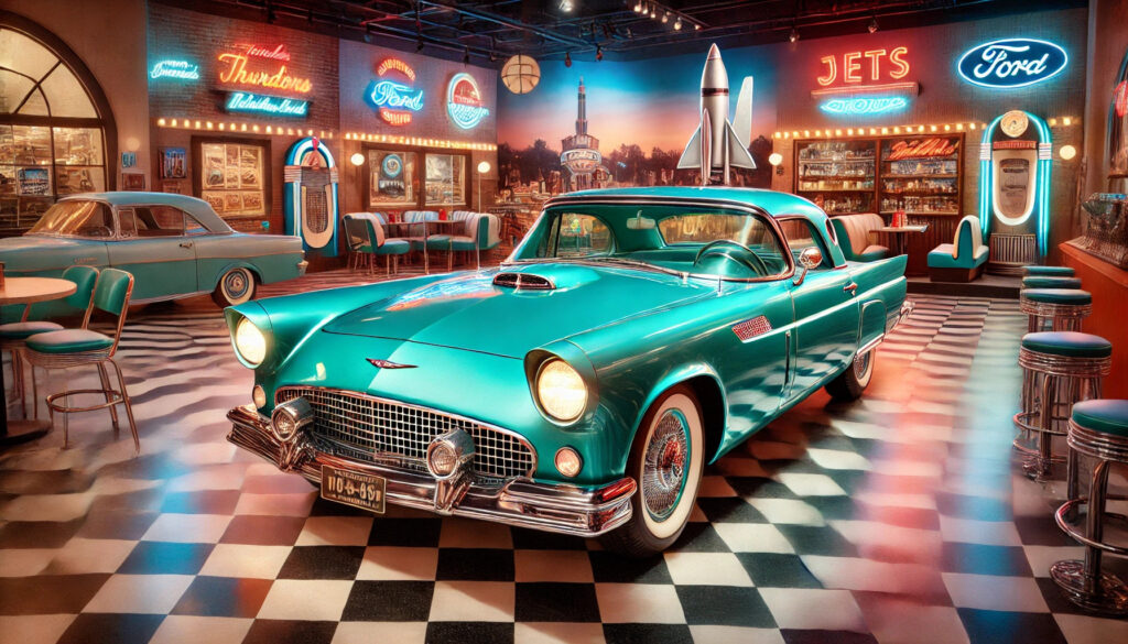 A luxurious 1957 Ford Thunderbird in polished turquoise, surrounded by retro 1950s decor, featuring its iconic jet-inspired design, chrome accents, and distinctive tail fins.