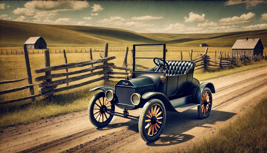 The iconic Ford Model T from the early 1900s on a dirt road, featuring a simple black body and wooden-spoke wheels, with a rural American backdrop of rolling fields and wooden fences.