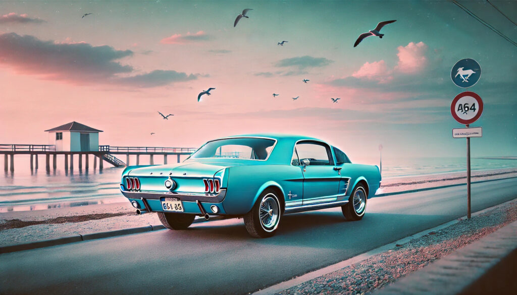 A sky-blue classic Ford Mustang (1964-1966 model) parked on a quiet beachside road with polished chrome accents and iconic vintage design elements. The background includes a sandy beach, gentle waves, a wooden pier, and a pastel pink and blue sunset, along with a few seagulls in flight.