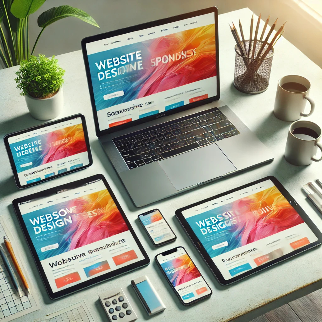 A laptop, tablet, and smartphone displaying the same web page seamlessly adjusted to their screen sizes, set on a clean, minimalistic desk with subtle decor.