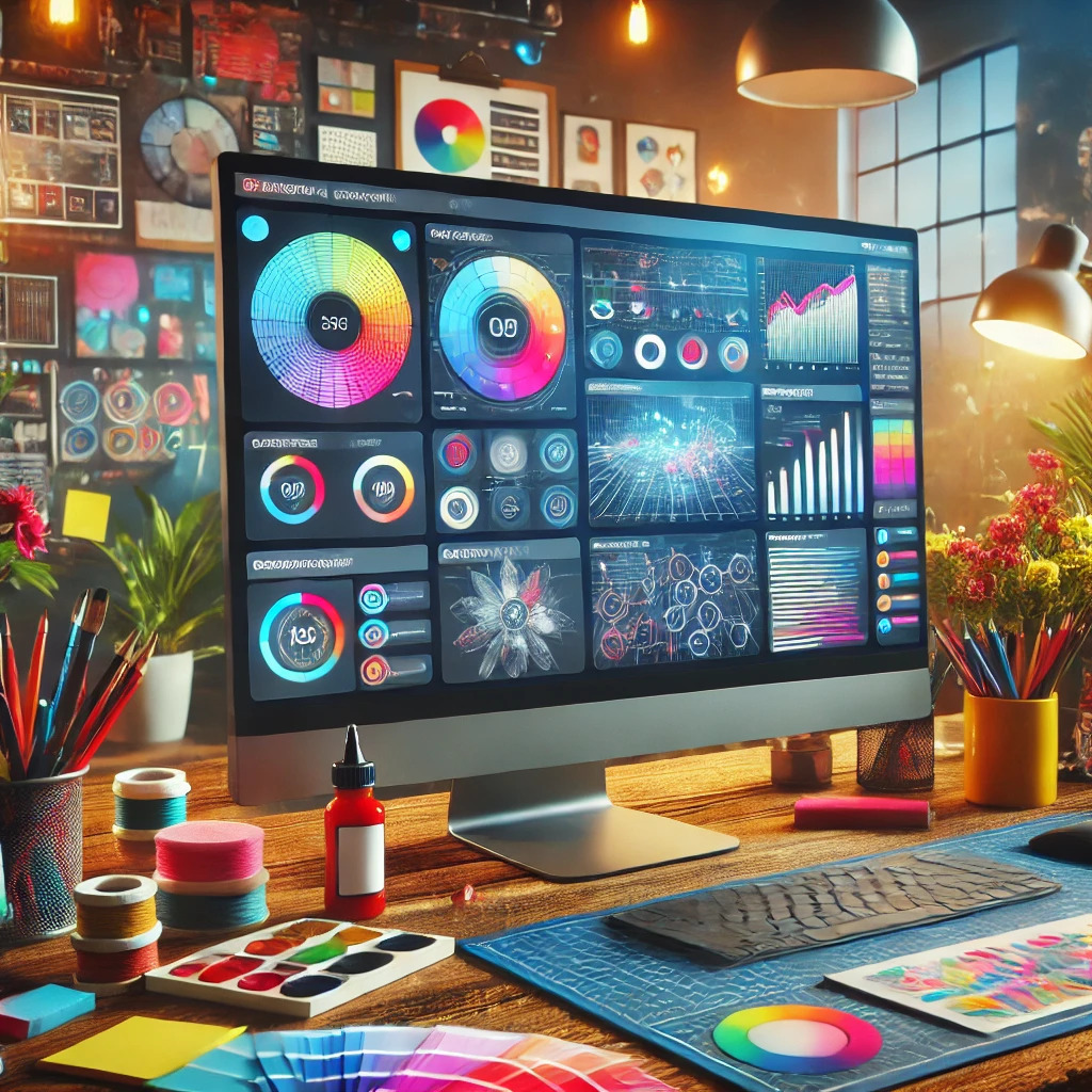 A large monitor displaying a dynamic web design project with colorful design tools, vibrant UI templates, and analytics charts, surrounded by creative elements.