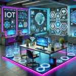 A futuristic workspace showcasing interconnected IoT devices and glowing AI interfaces, featuring sleek minimalist desks, advanced holographic displays, and vibrant neon lighting in blues and purples.