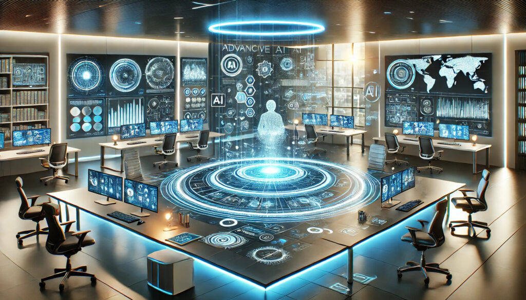 A futuristic collaborative tech environment featuring sleek AI systems, glowing holographic data projections, and advanced equipment, with a clean and modern design.