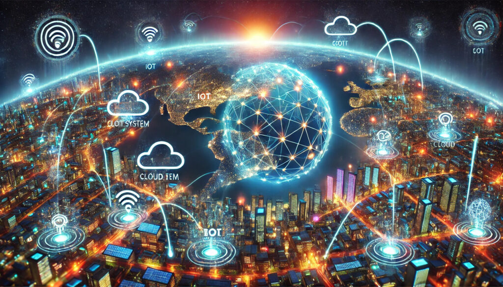 A global view of interconnected smart cities at night, illuminated with glowing IoT networks, cloud systems in the sky, and vibrant tech hubs linked by light trails.